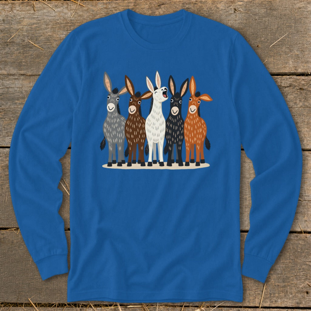 Royal blue long-sleeve t-shirt featuring a cartoon graphic of five donkeys in different colors.