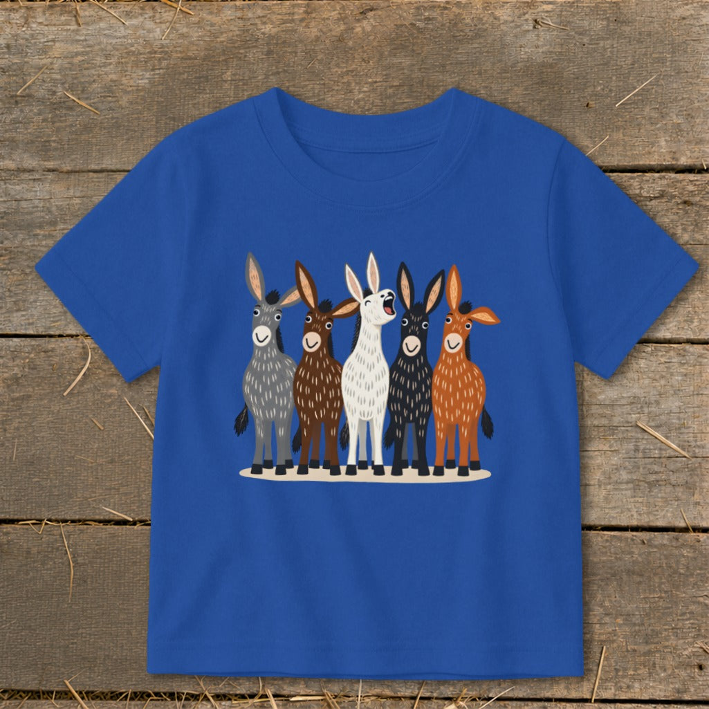 Royal blue crewneck t-shirt featuring an illustration of five colorful donkeys standing together.