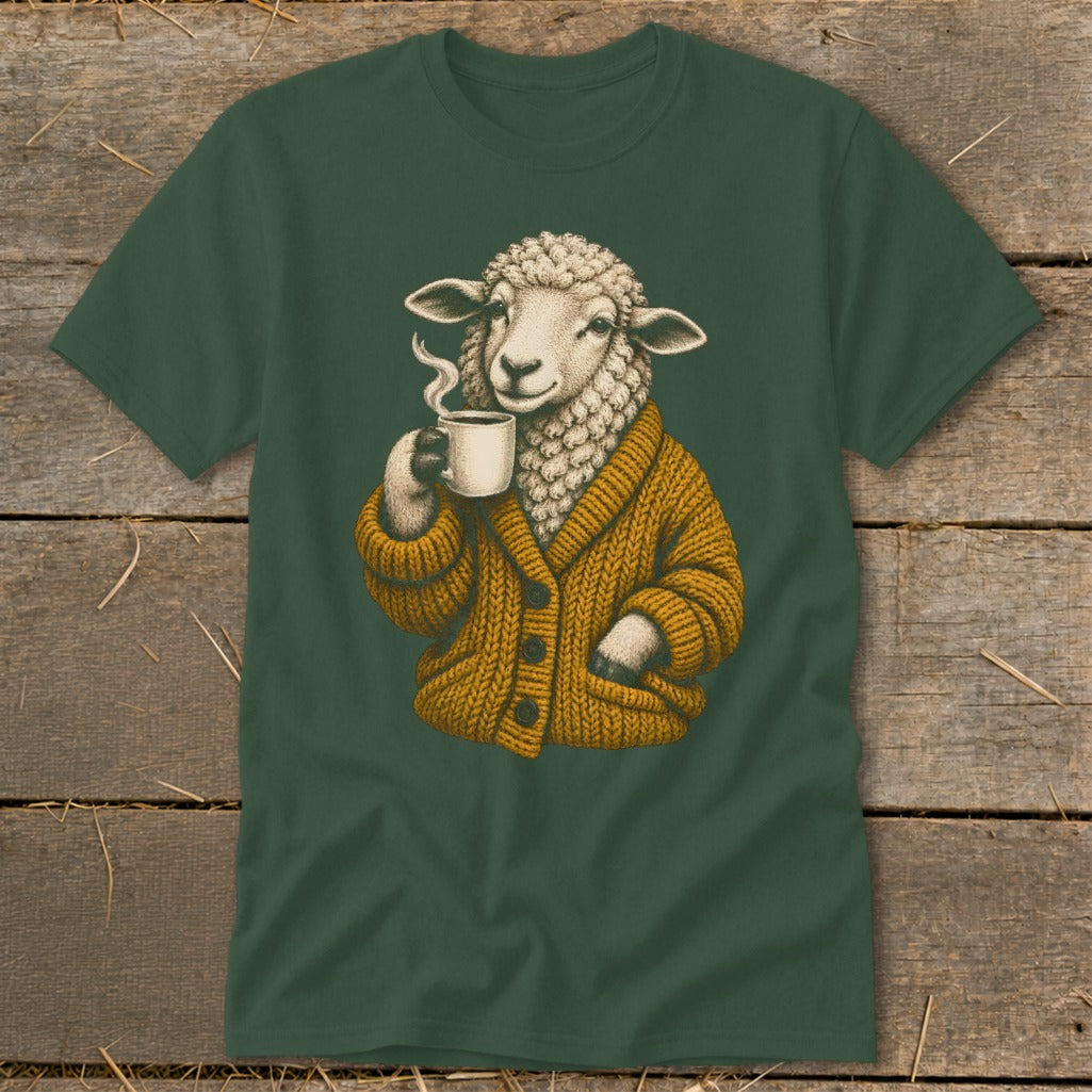 A dark green crewneck t-shirt featuring a graphic of a sheep wearing a mustard yellow cardigan and holding a steaming white mug.