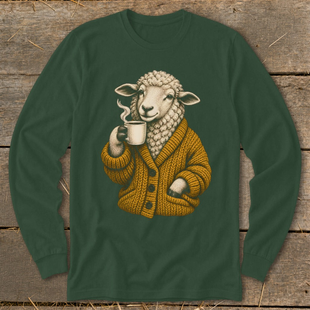 Dark green long-sleeve shirt featuring a graphic of a sheep wearing a mustard cardigan and drinking coffee.