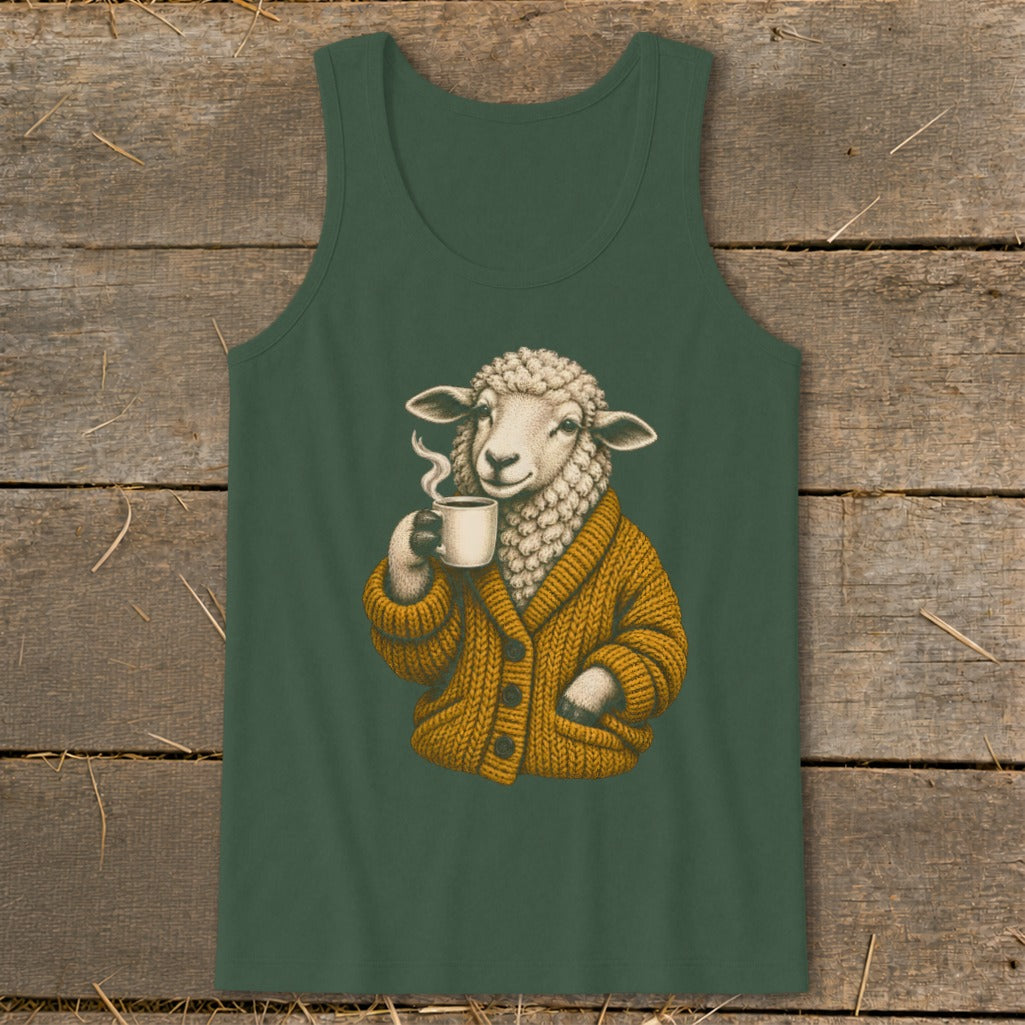 Dark green tank top featuring an illustration of a sheep in a yellow cardigan holding a steaming coffee cup.