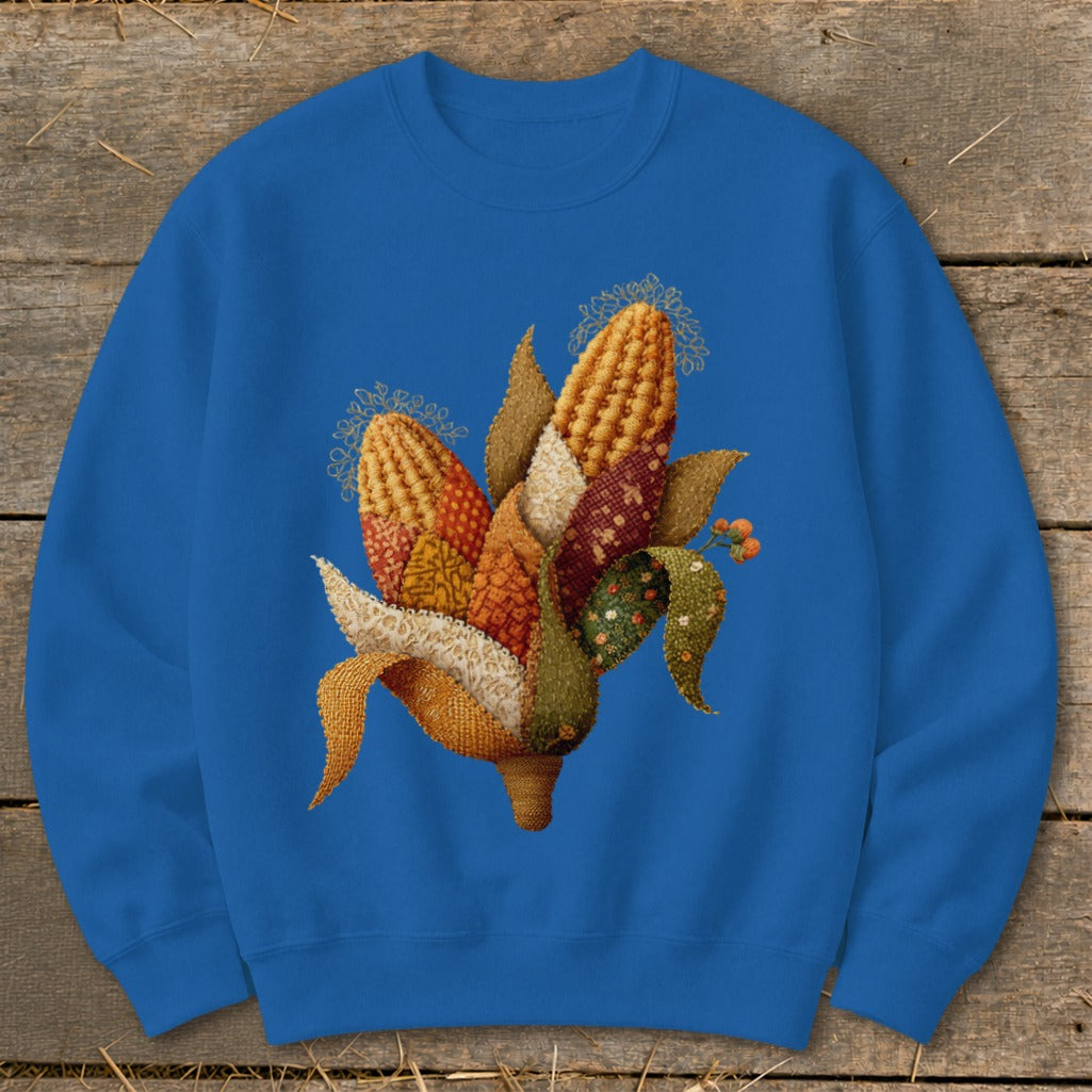 Blue sweatshirt with a colorful, textured corn husk and kernel design.