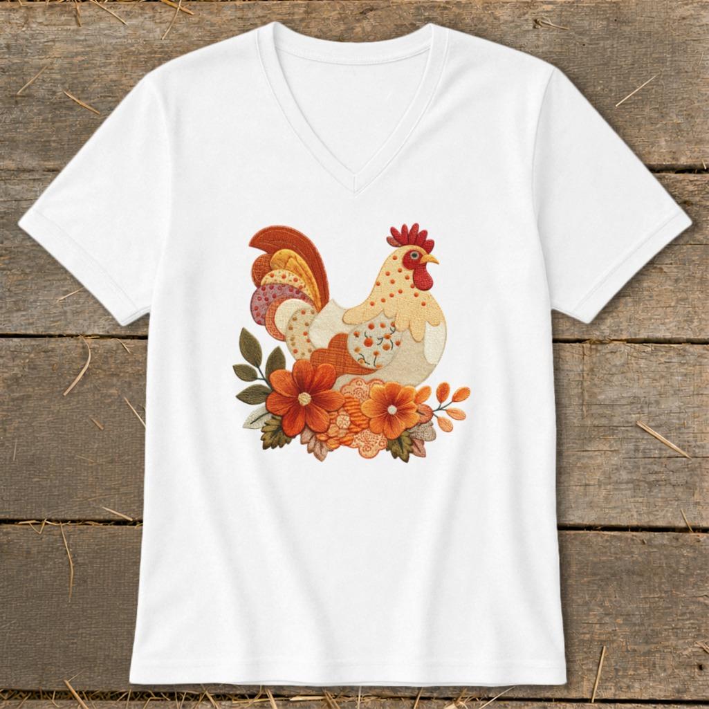 Faux Embroidery Fall Chicken V-neck