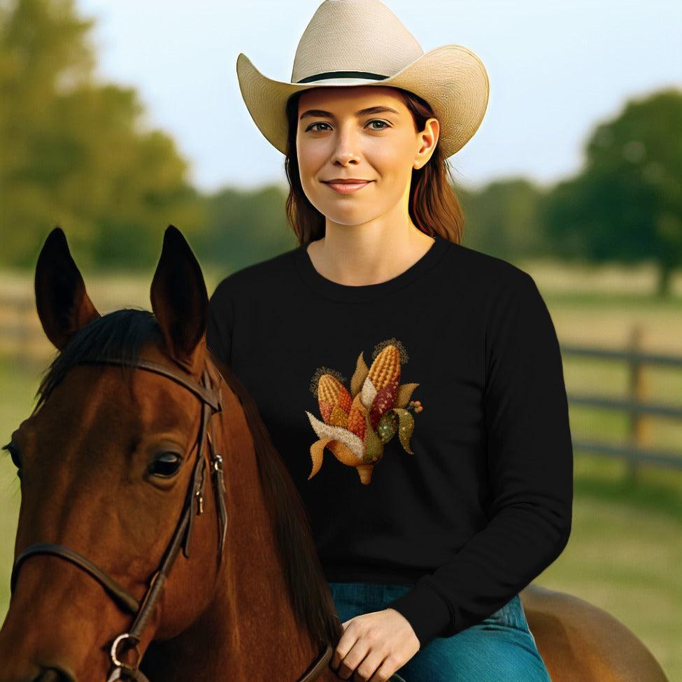 Faux Embroidery Fall Corn Stalk Long Sleeve Tee