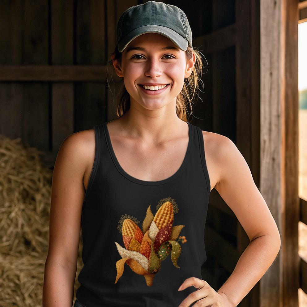 Faux Embroidery Fall Corn Stalk Tank Top