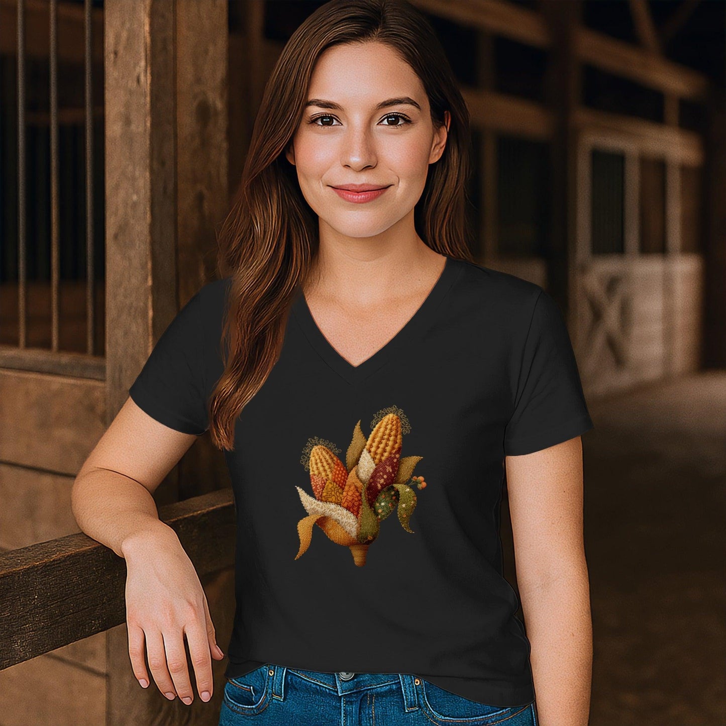Faux Embroidery Fall Corn Stalk V-neck