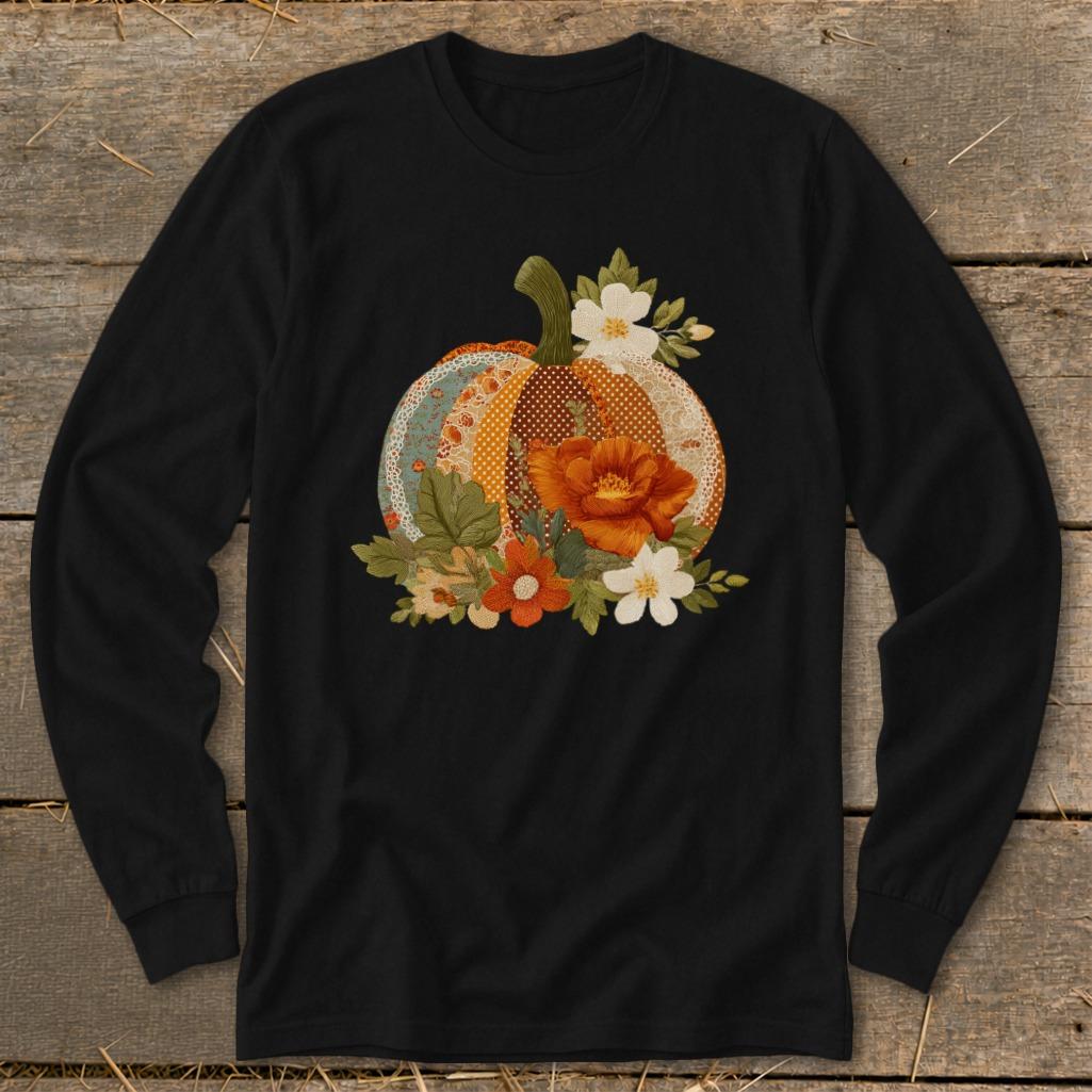 Faux Embroidery Fall Pumpkin Long Sleeve Tee