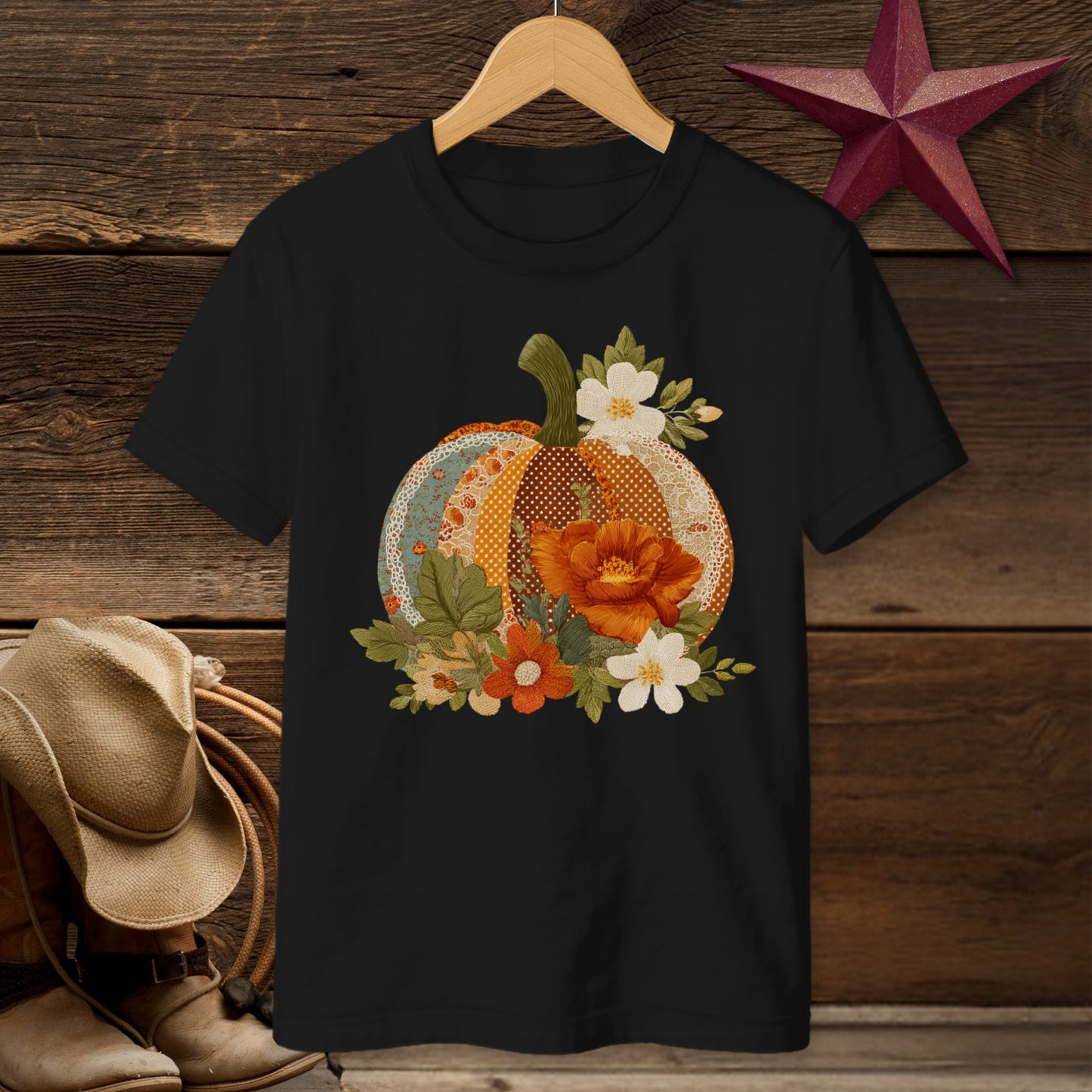Faux Embroidery Fall Pumpkin T-Shirt (Youth)