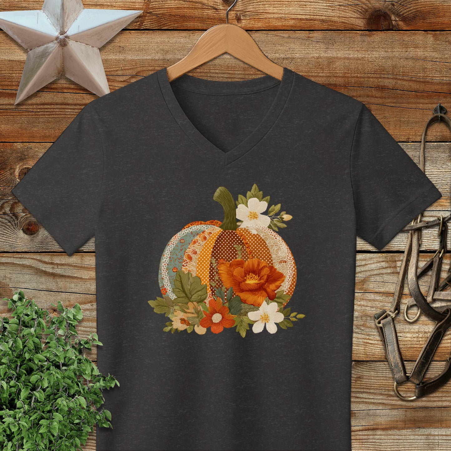 Faux Embroidery Fall Pumpkin V-neck