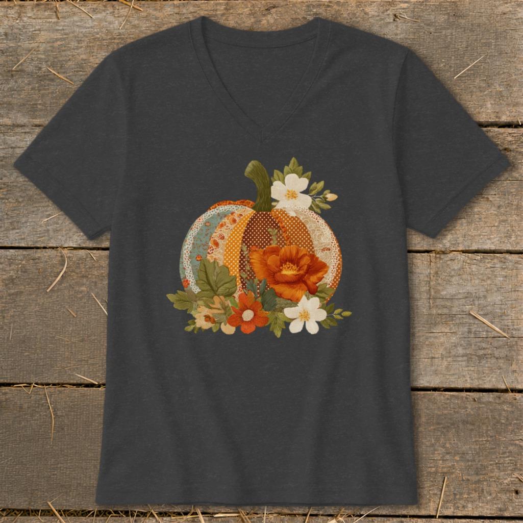 Faux Embroidery Fall Pumpkin V-neck