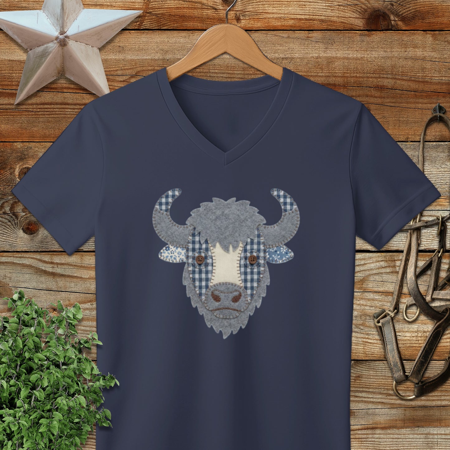 Faux Patchwork Bison V-neck