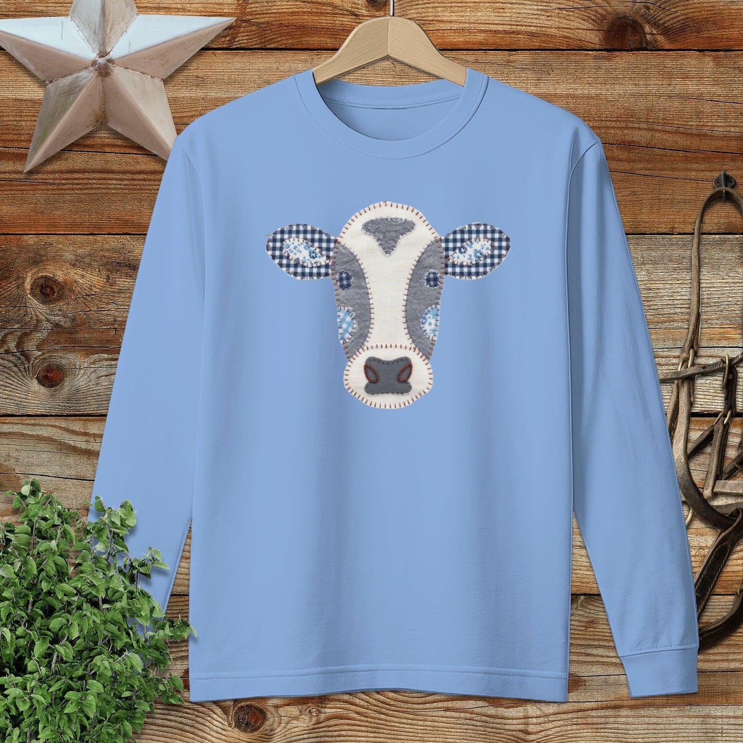 Faux Patchwork Cow Long Sleeve Tee