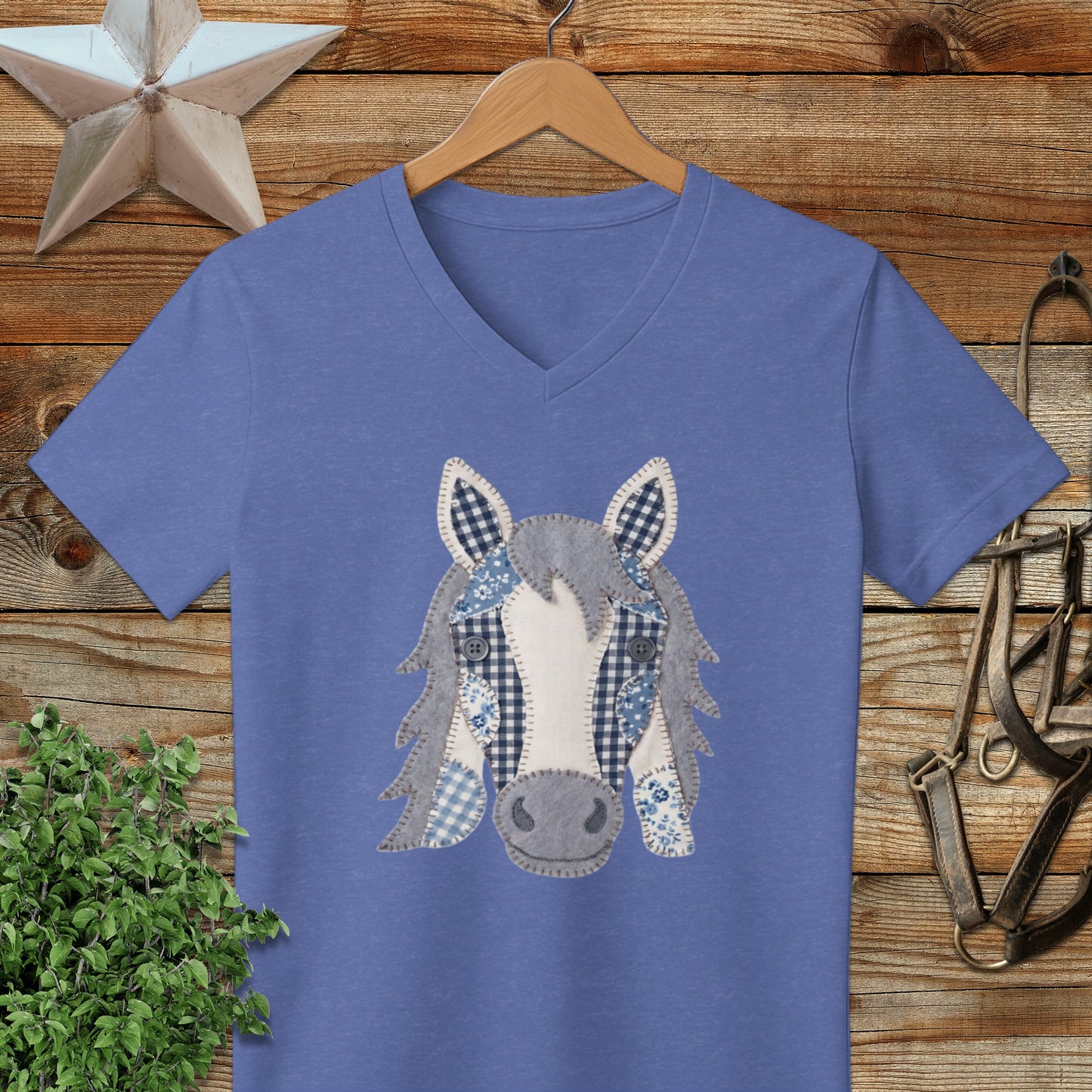 Faux Patchwork Horse V-neck