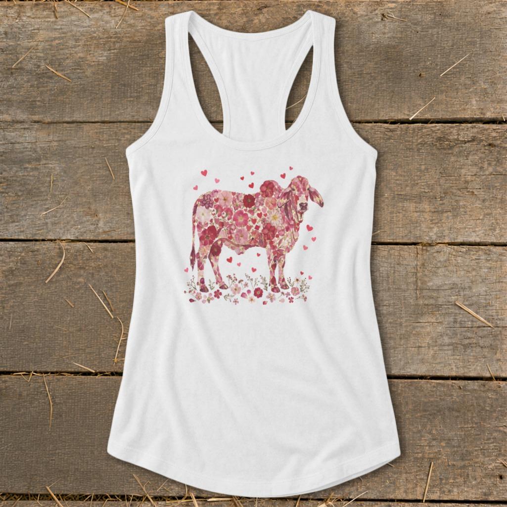 Flowers & Hearts - Brahman Cow Racerback Tank