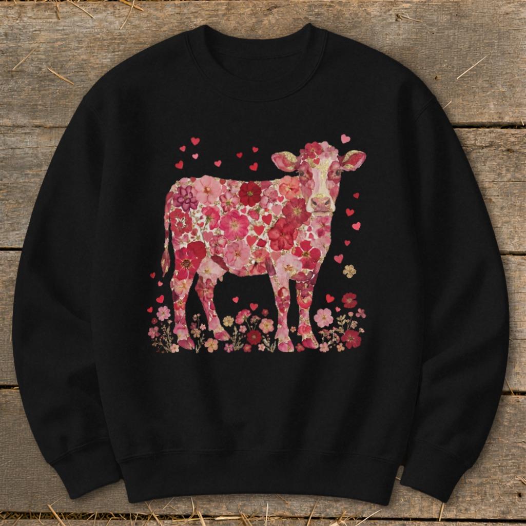 Flowers & Hearts Cow Sweatshirt