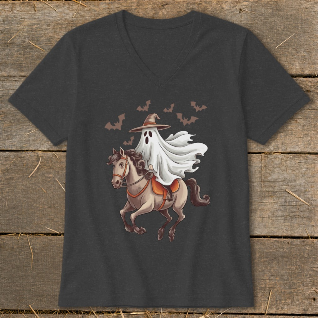 Ghost wearing a witch hat riding a horse with bats flying around.