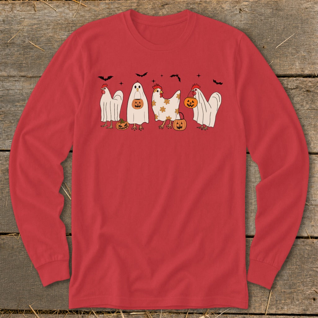 Red long-sleeve shirt with cartoon chickens in ghost costumes, pumpkins, and bats.