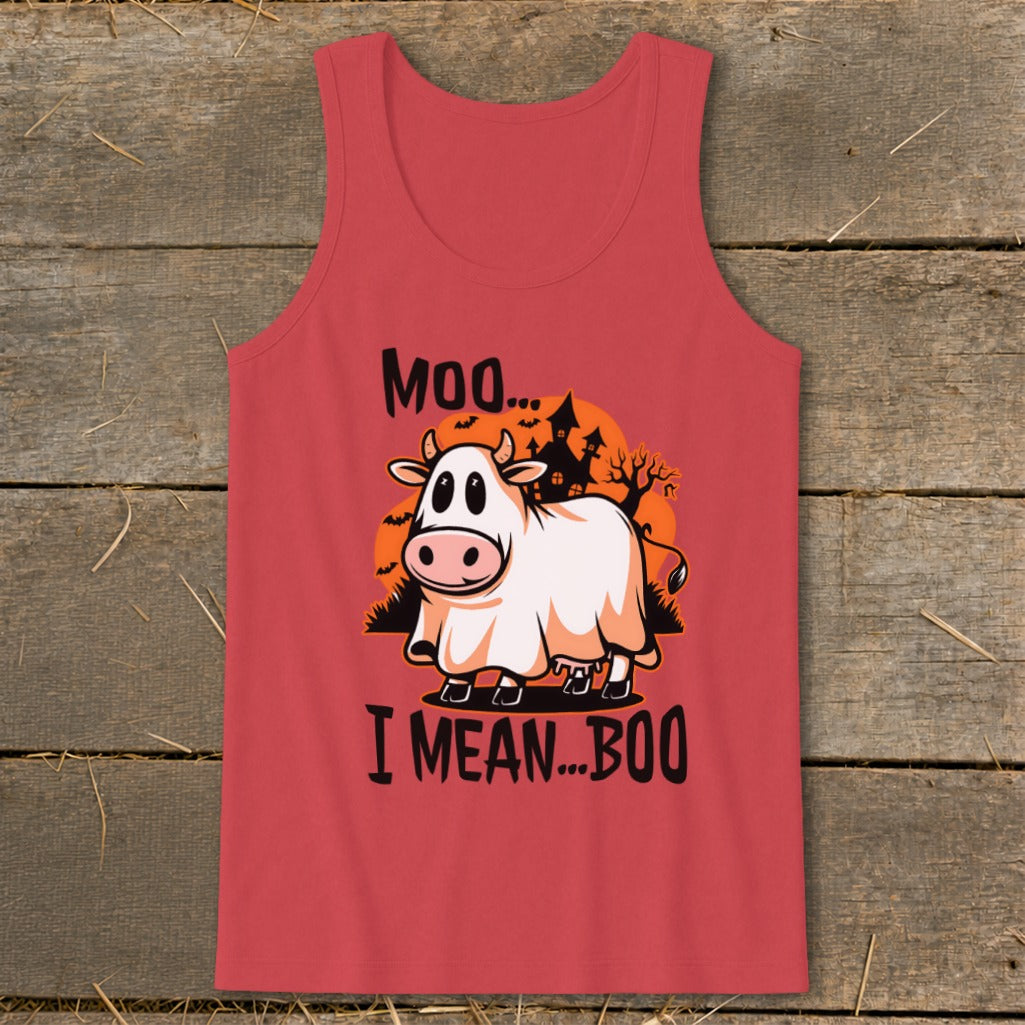 Cow in a ghost costume with text "Moo... I mean... Boo".