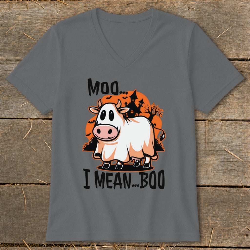 Cow dressed as a ghost with text "Moo... I MEAN...BOO".