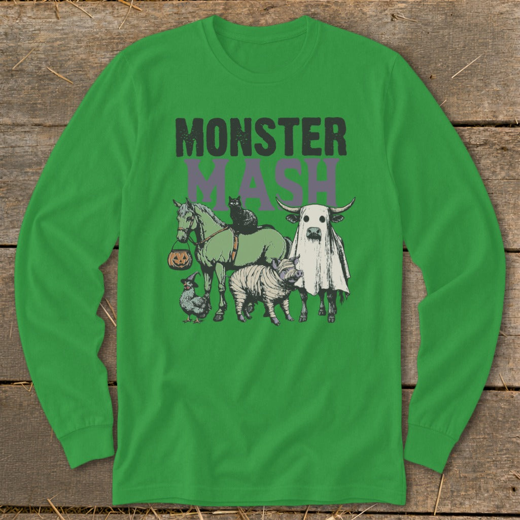 Green long-sleeve shirt with "Monster Mash" text and Halloween-themed farm animals.