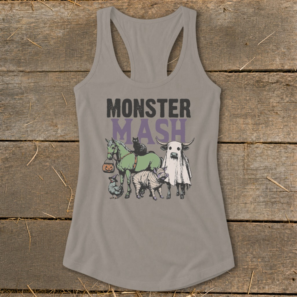 Grey tank top with "Monster Mash" text and Halloween characters including a horse, pig, and cow ghost.