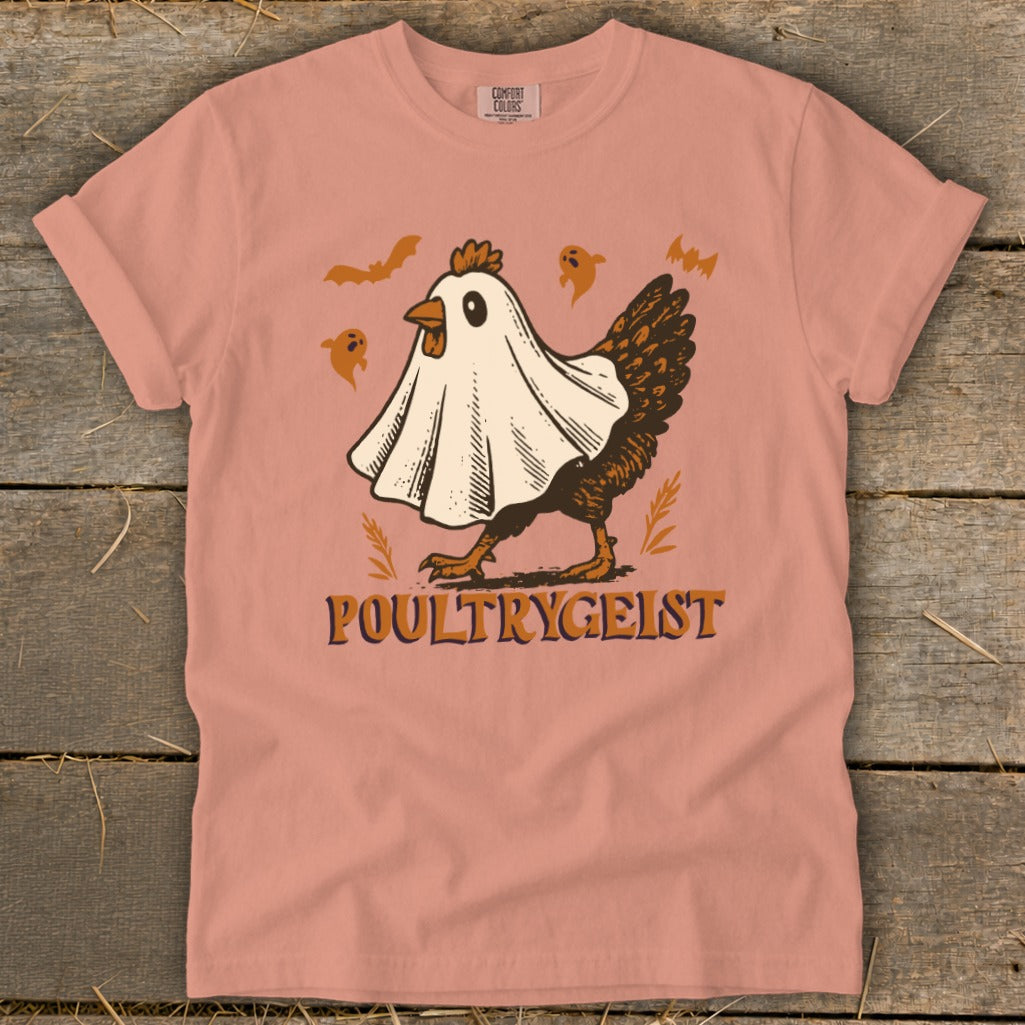 Chicken wearing a ghost costume with bats and ghosts, text reads "Poultrygeist".