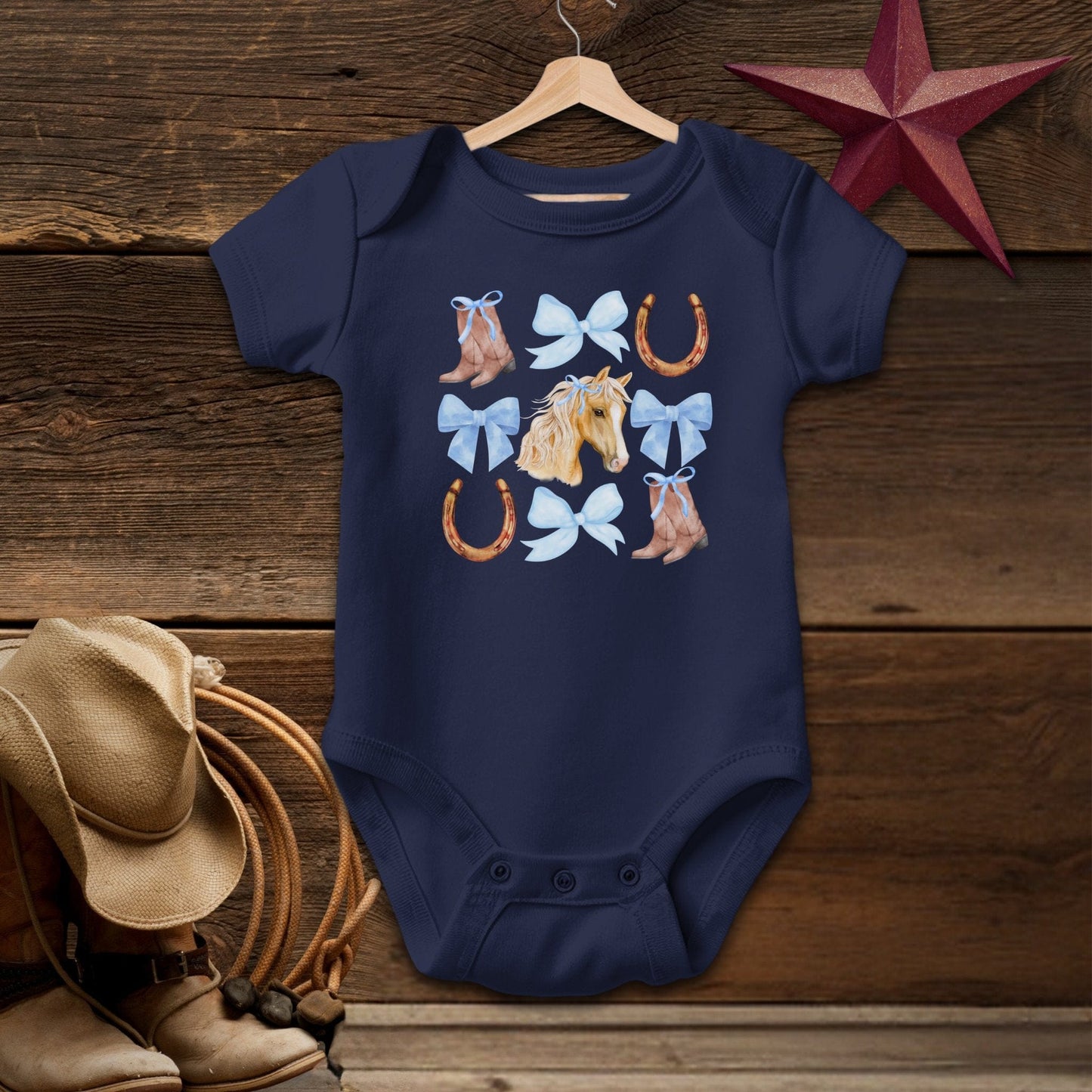 Western Blue Bows Baby Bodysuit