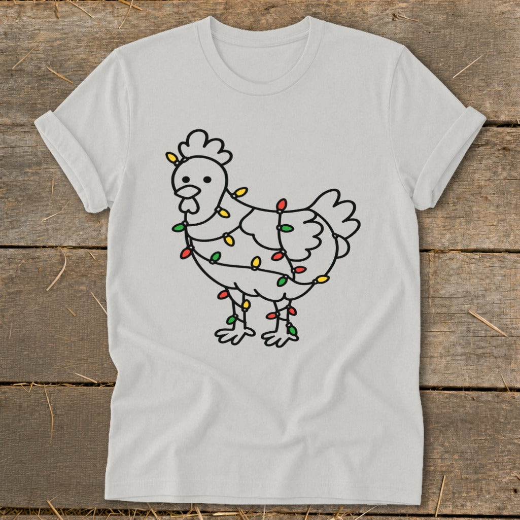 Light grey t-shirt with a black line drawing of a chicken wrapped in colorful Christmas lights.