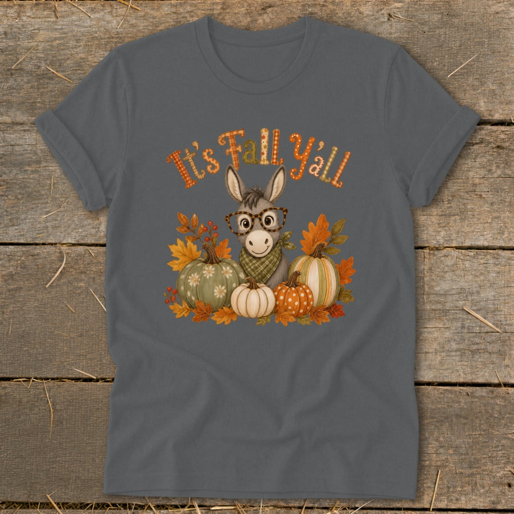 Gray t-shirt with a donkey wearing glasses, pumpkins, and "It's Fall Y'all" text.