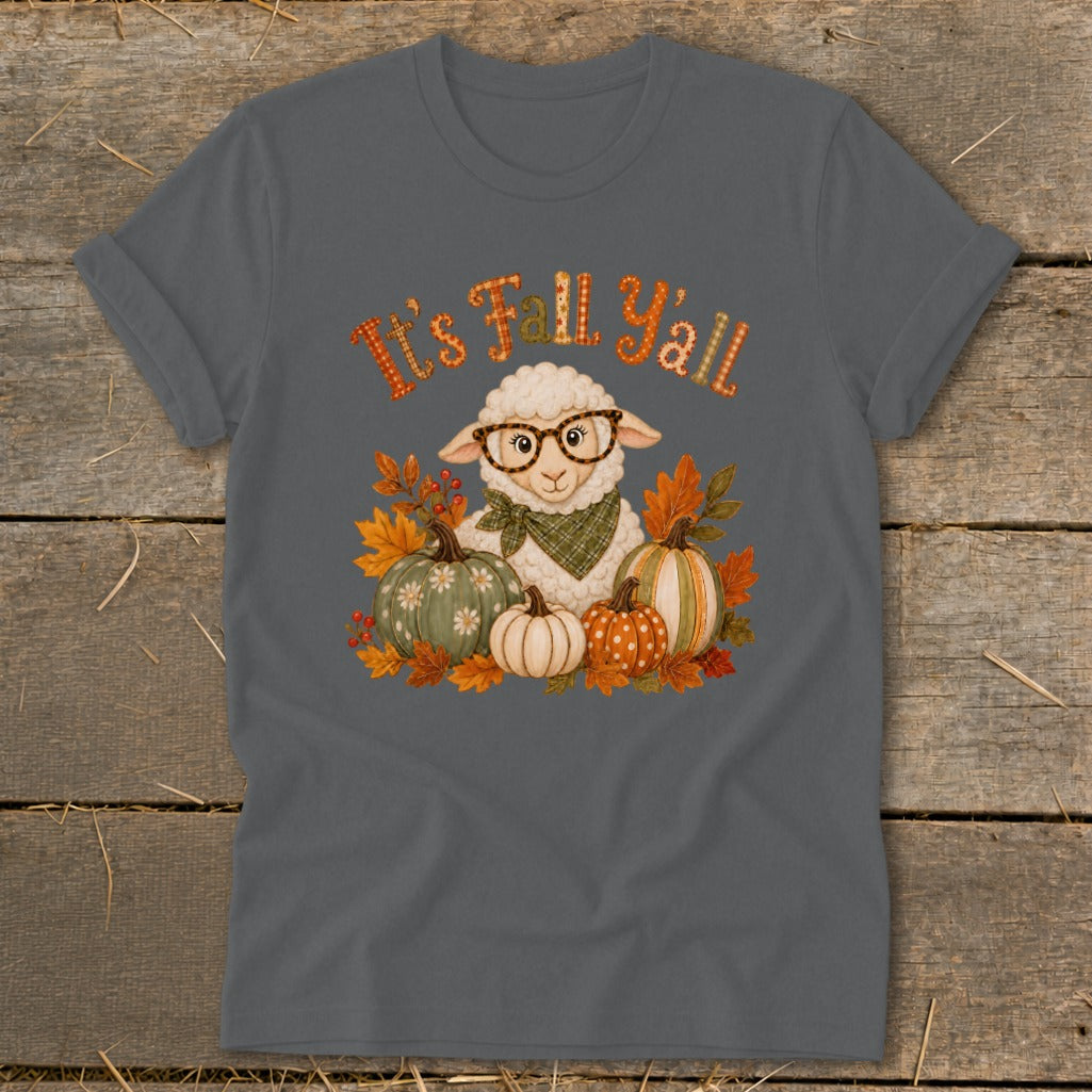 Sheep with glasses and pumpkins saying "It's Fall Y'all" on a grey t-shirt.