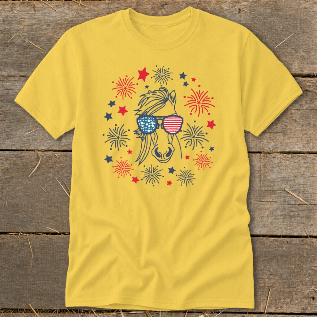 Yellow t-shirt with horse wearing American flag sunglasses and fireworks design.