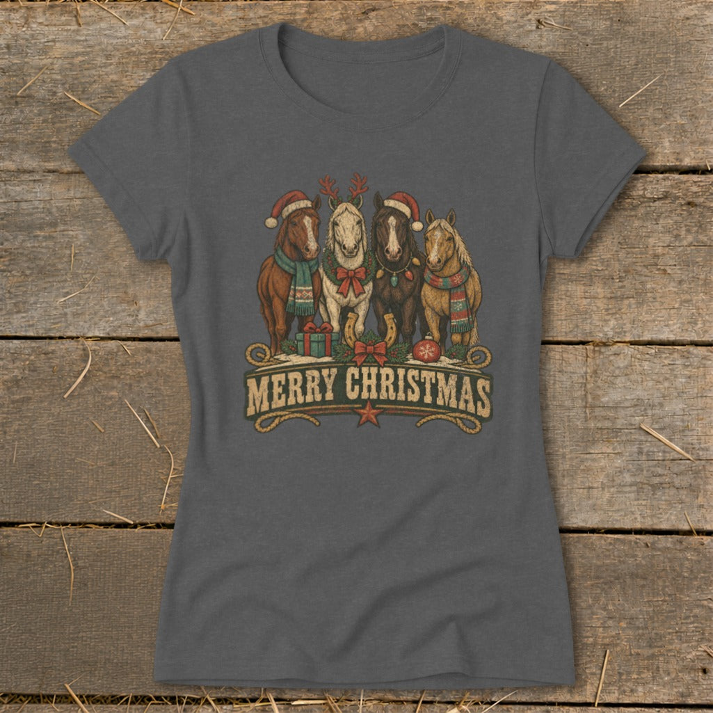Four horses wearing Santa hats and scarves with "Merry Christmas" text.