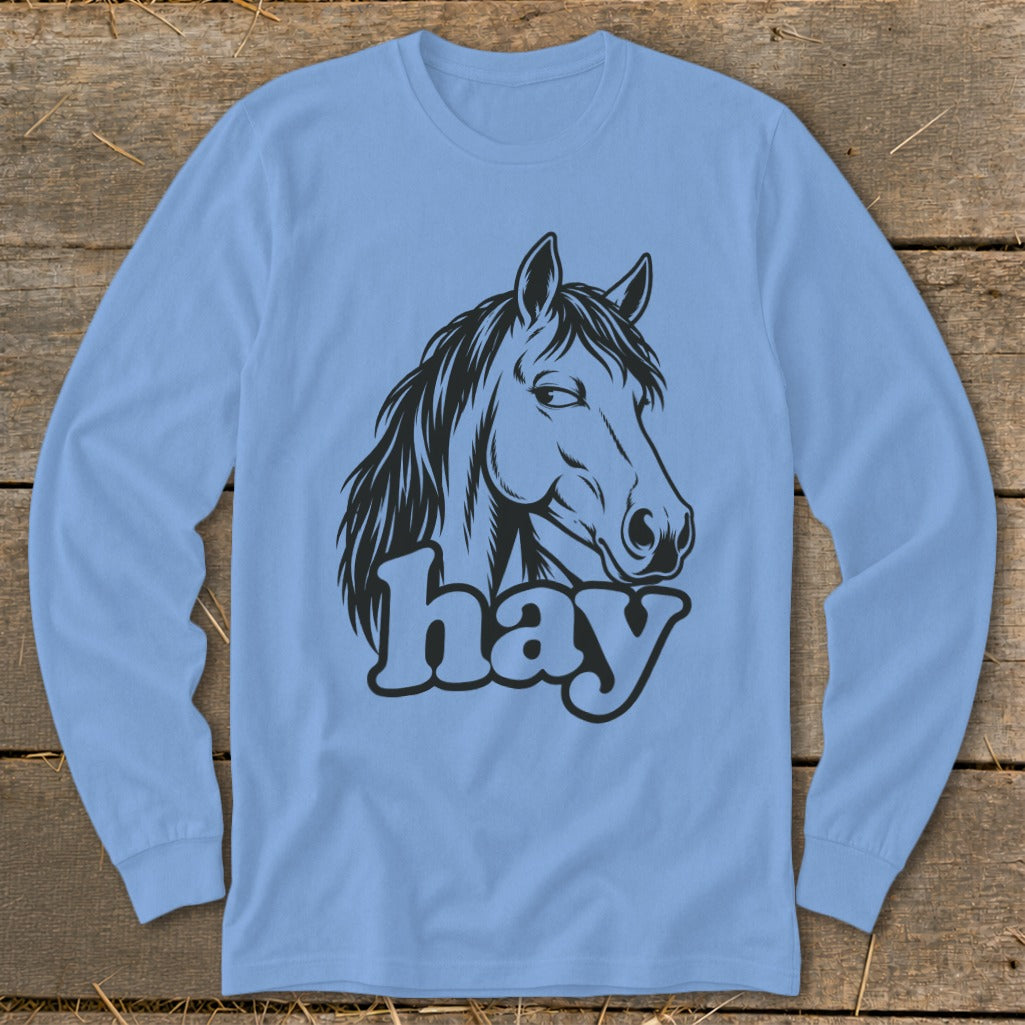Light blue long sleeve shirt with black horse graphic and "hay" text.