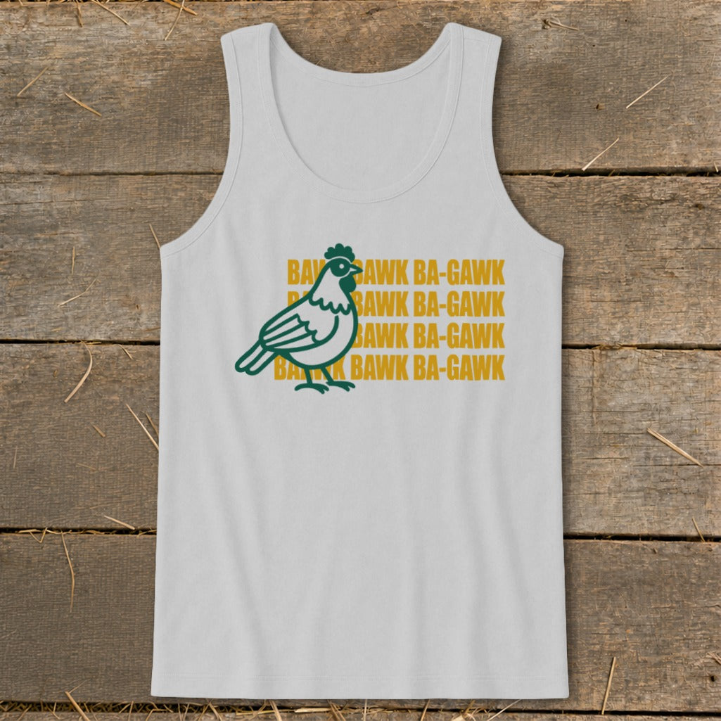 White tank top with green chicken graphic and "BAWK BA-GAWK" text.