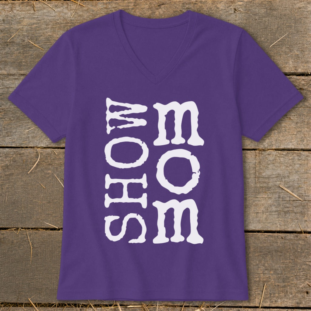 Purple V-neck t-shirt with white text reading "SHOW MOM SOM".