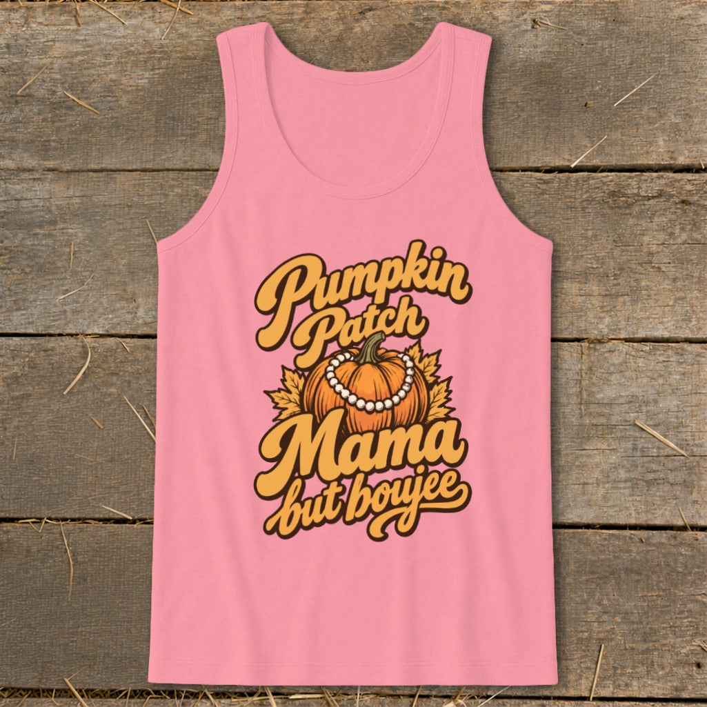 Pink tank top with "Pumpkin Patch Mama but boujee" text and a pumpkin.