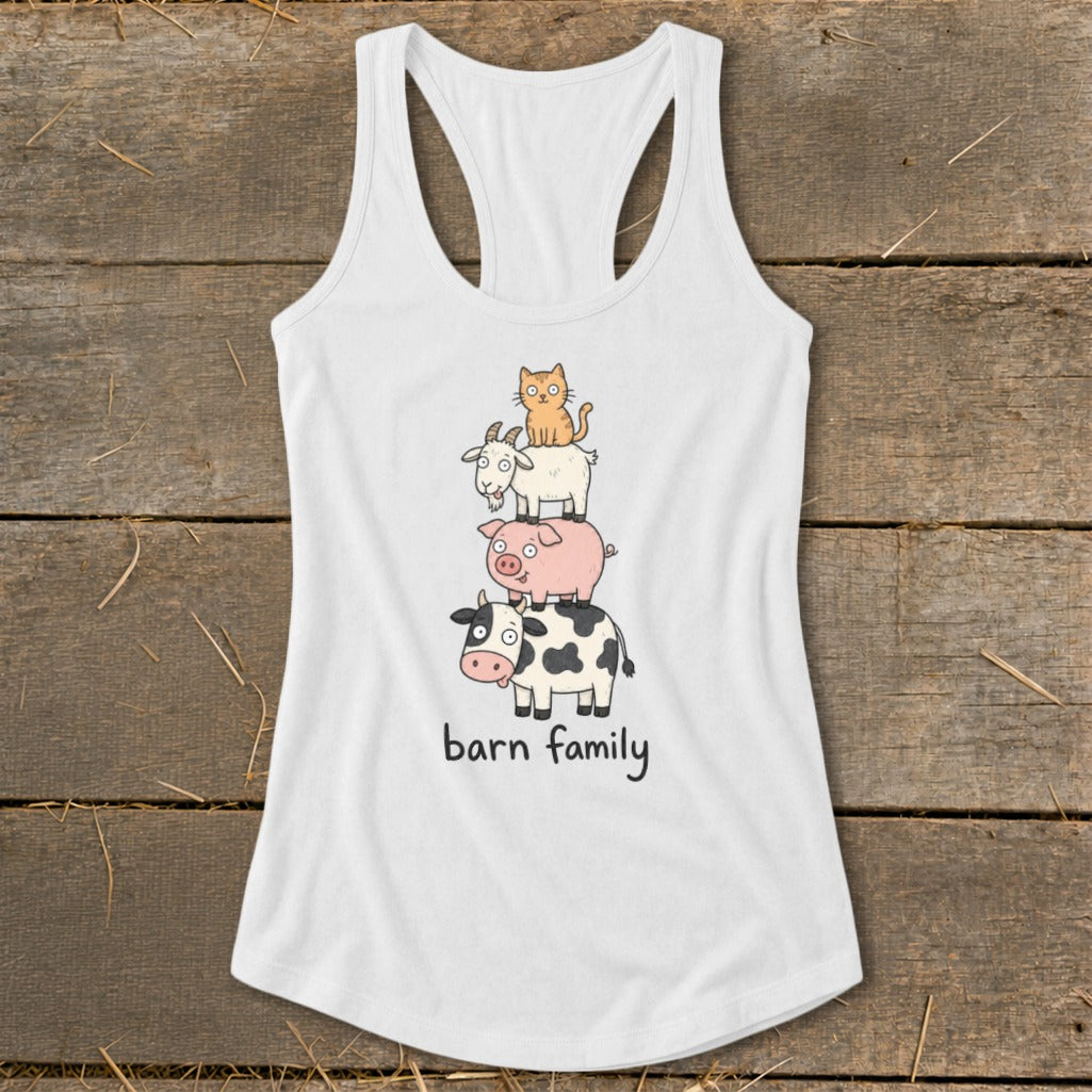White tank top with cow, pig, goat, and cat stack graphic and "barn family" text.