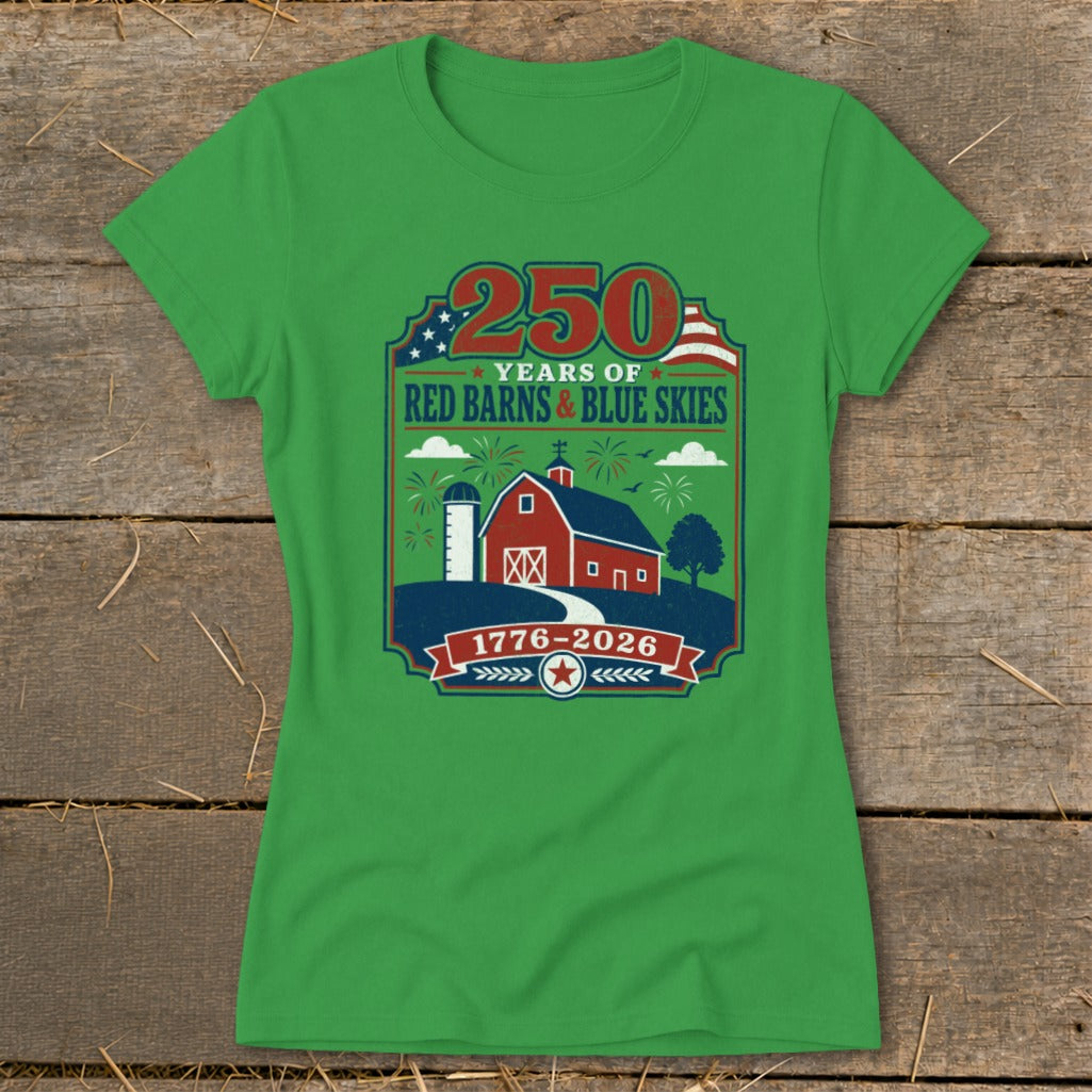 Green t-shirt with a graphic of a barn, silo, and American flag elements celebrating 250 years.