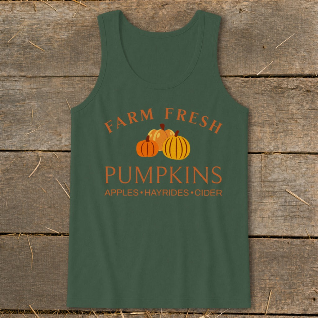 Green tank top with pumpkins and text "Farm Fresh Pumpkins Apples Hayrides Cider."