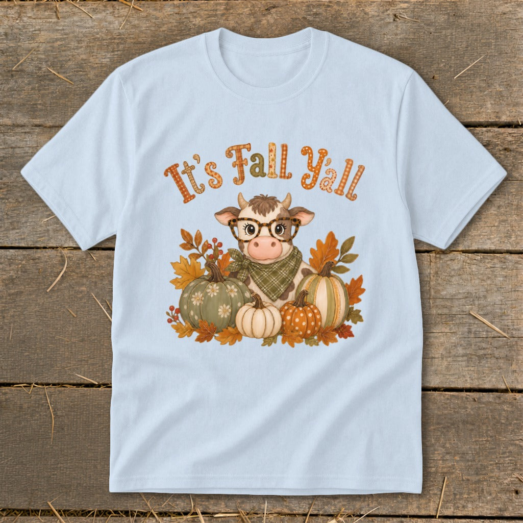 Light blue t-shirt with "It's Fall Y'all" text, cow, and pumpkins.