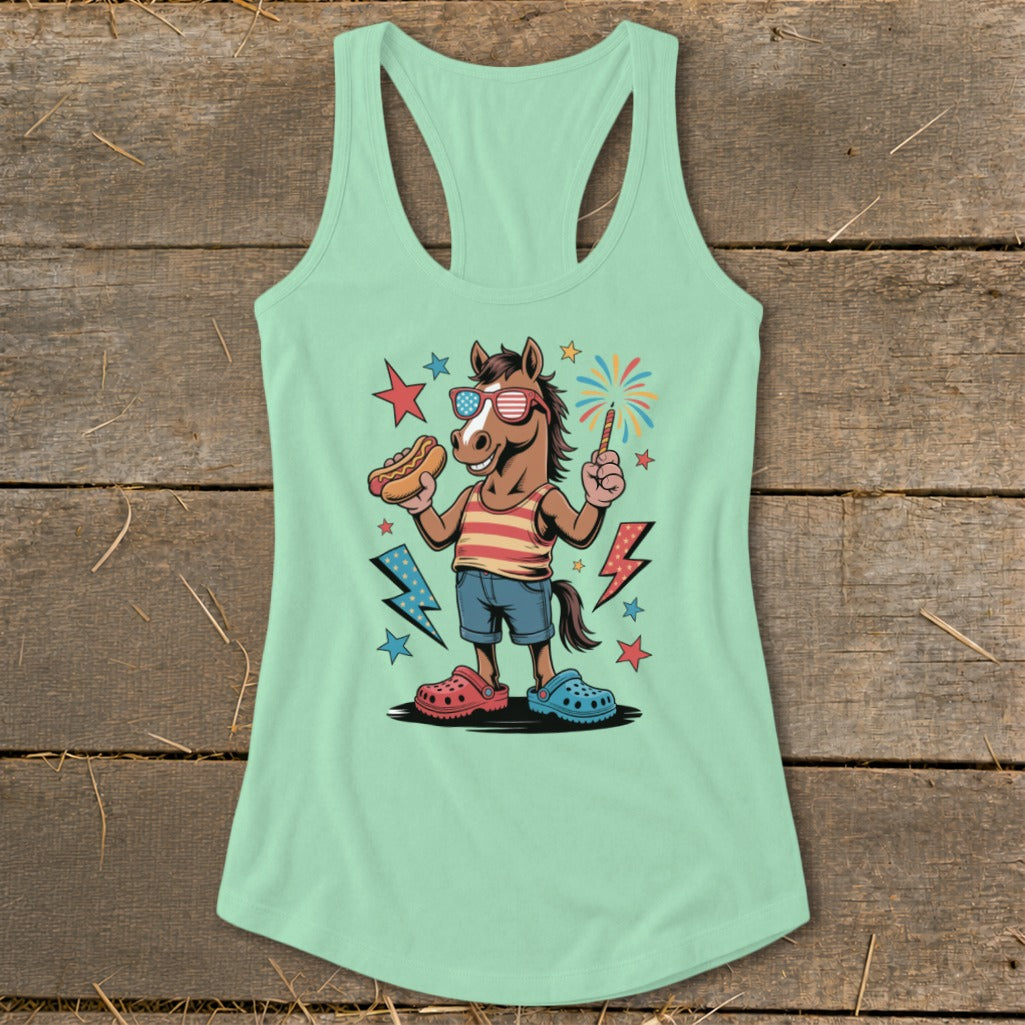 Horse wearing sunglasses and striped shirt, holding hot dog and sparkler.
