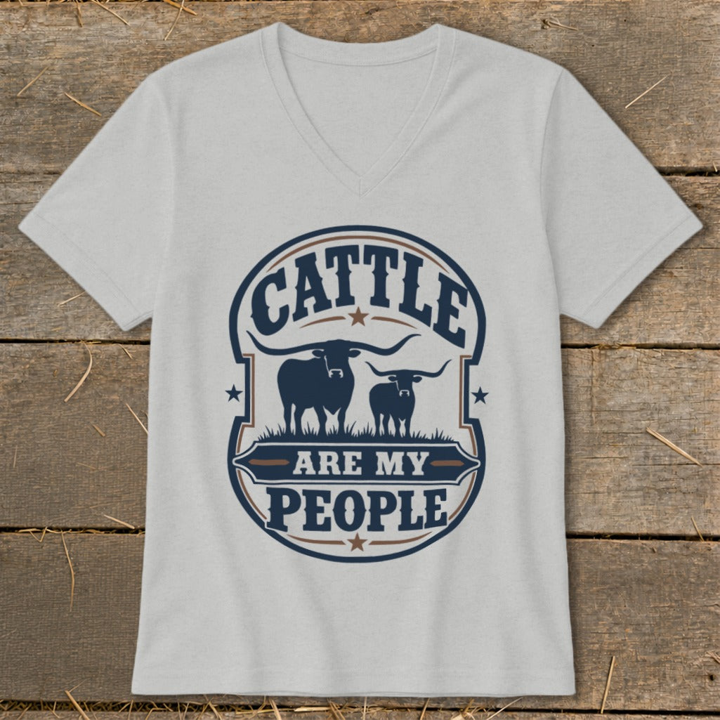 Light grey t-shirt with graphic text "Cattle Are My People" and two longhorn silhouettes.