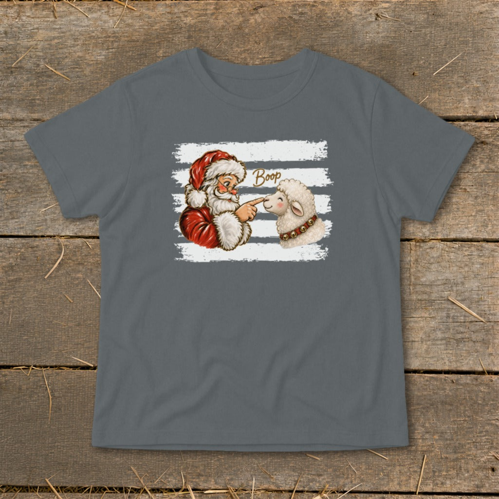 Santa booping a sheep with the word "Boop" on a white striped background.