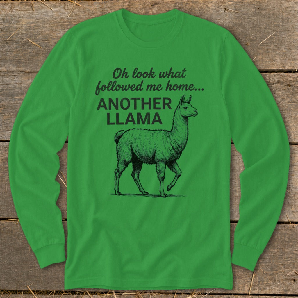 Green long-sleeved shirt with "Another Llama" text and a drawing of a llama.