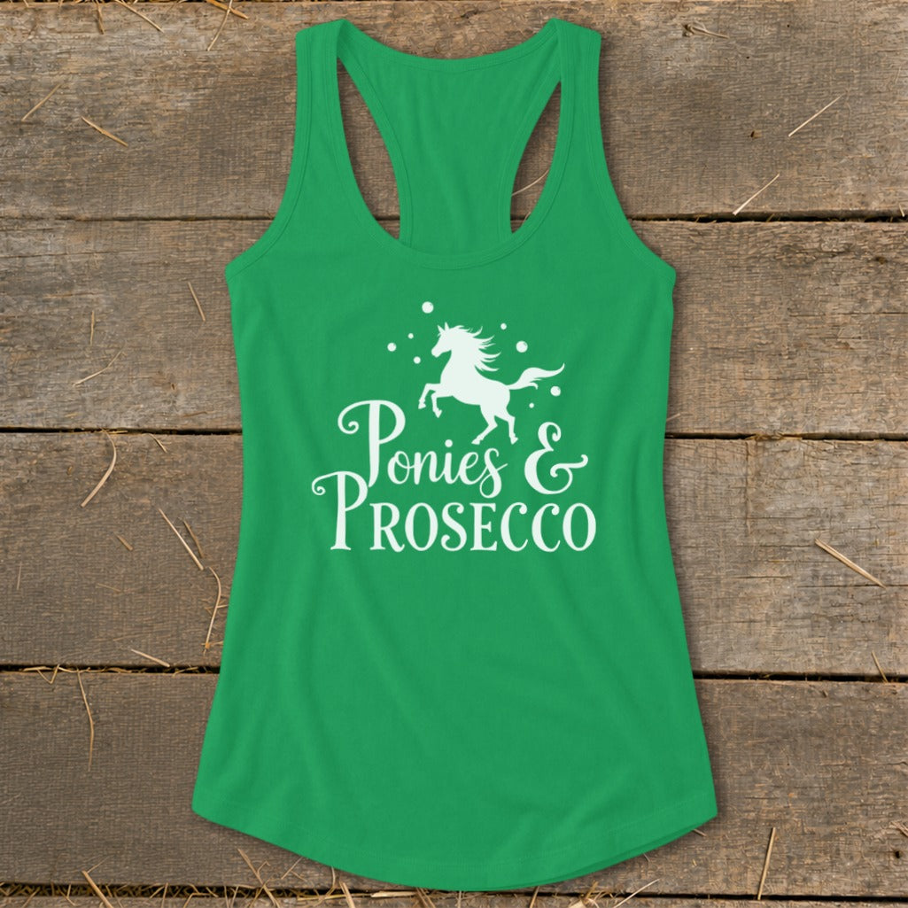 Green tank top with white "Ponies & Prosecco" text and horse graphic.