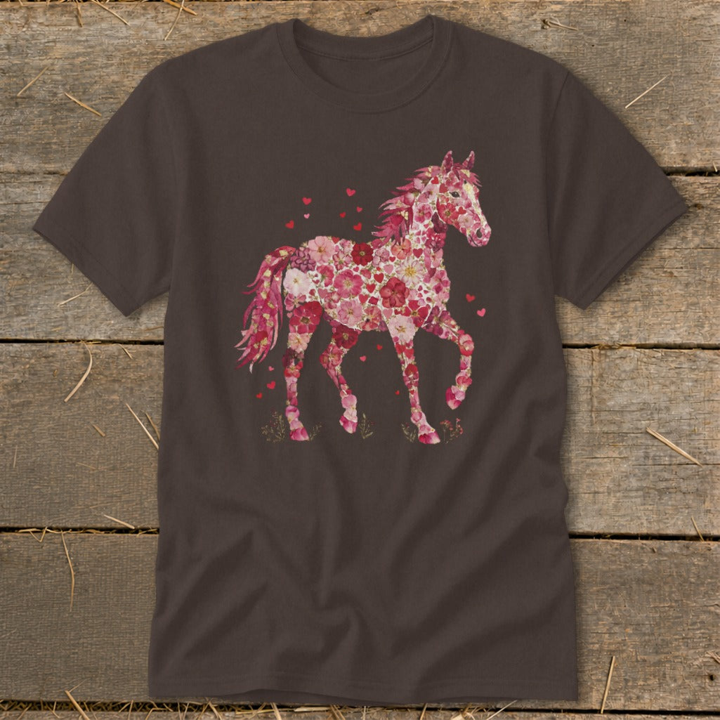 Brown t-shirt with a pink floral horse graphic and scattered red hearts.