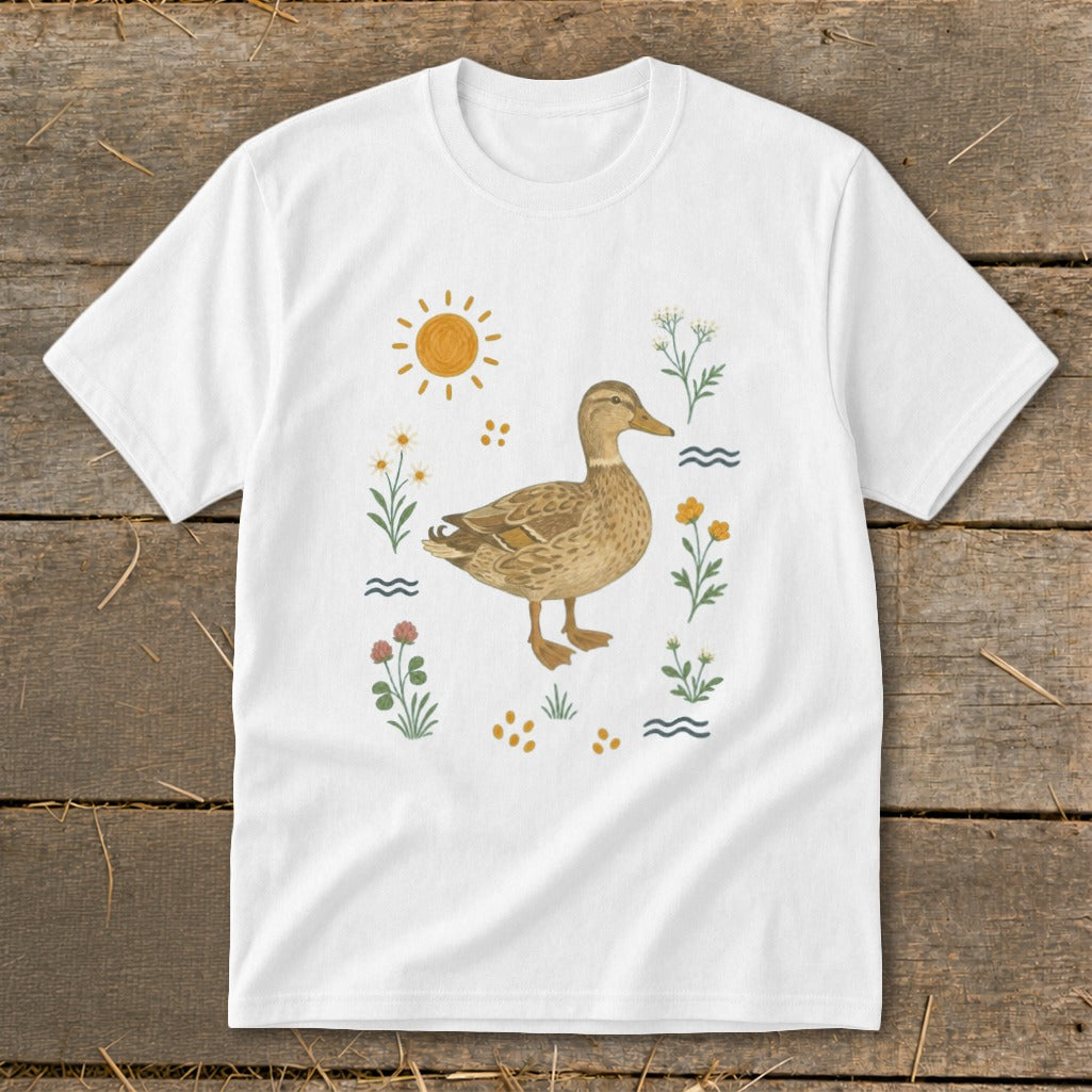 White t-shirt with a watercolor-style duck surrounded by flowers, sun, and waves.