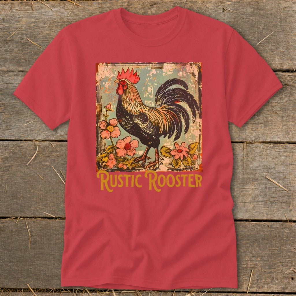 Rooster with flowers on t-shirt, text "RUSTIC ROOSTER" below.