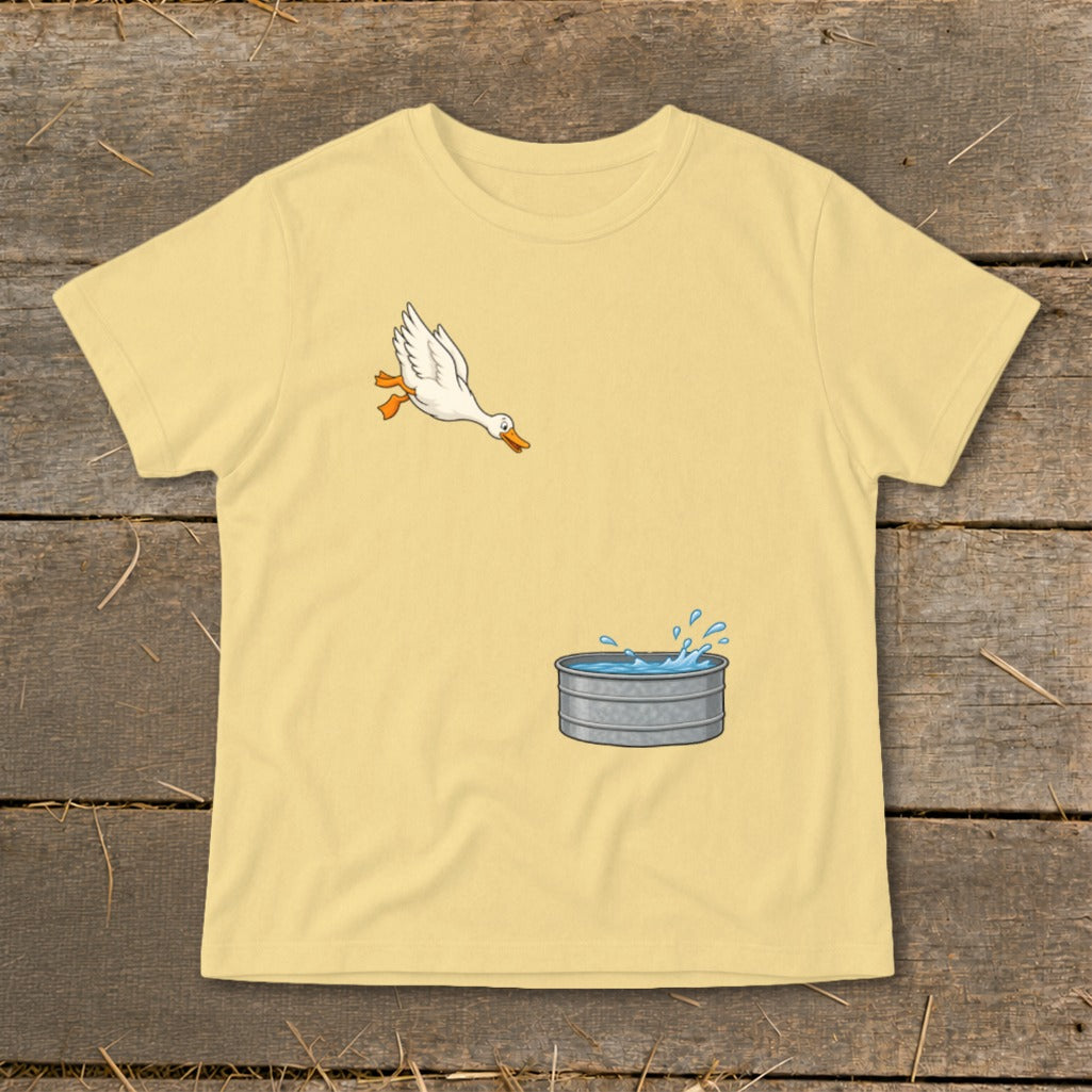 Yellow t-shirt with a cartoon duck jumping into a galvanized tub of water.
