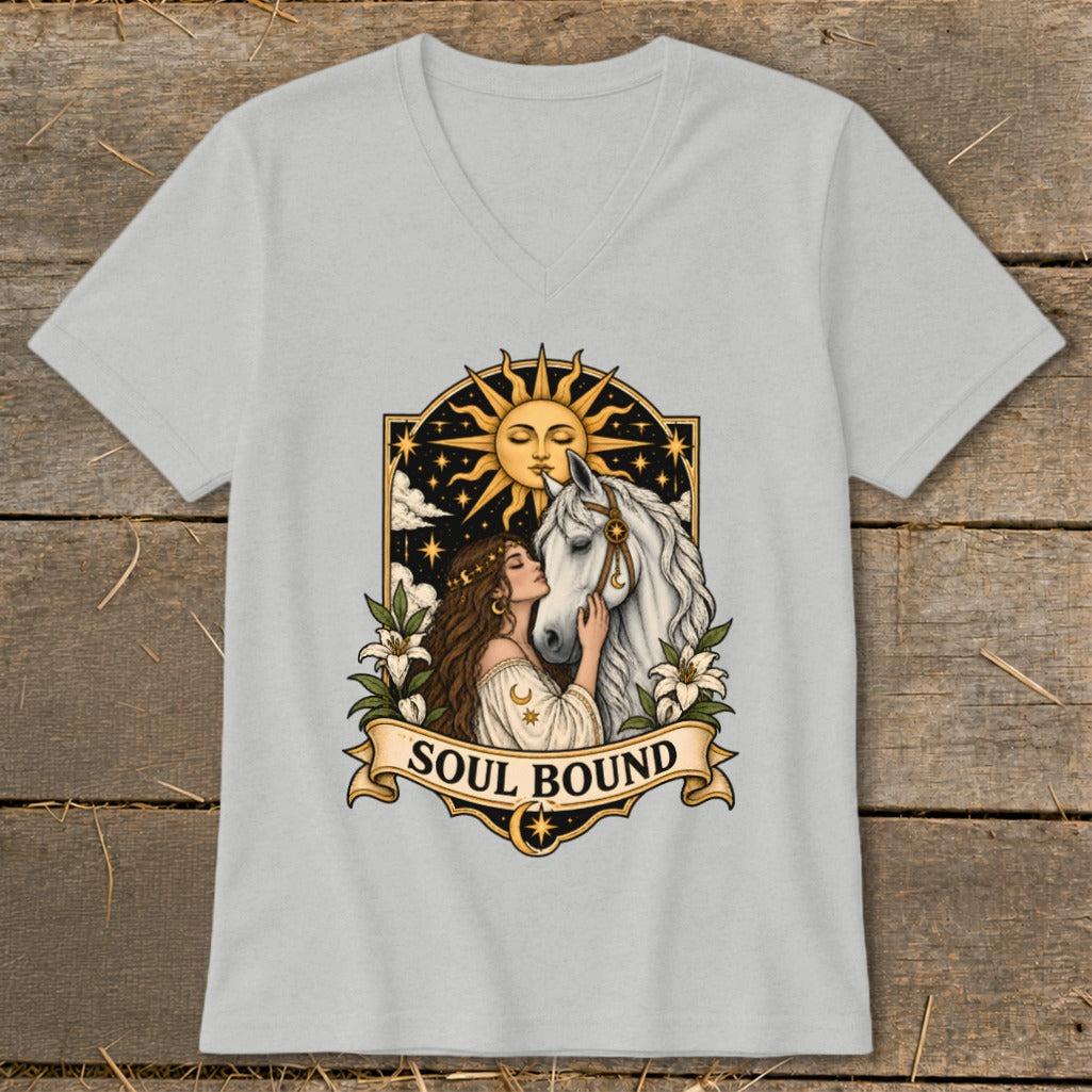 Woman kissing white horse under sun with "Soul Bound" text.